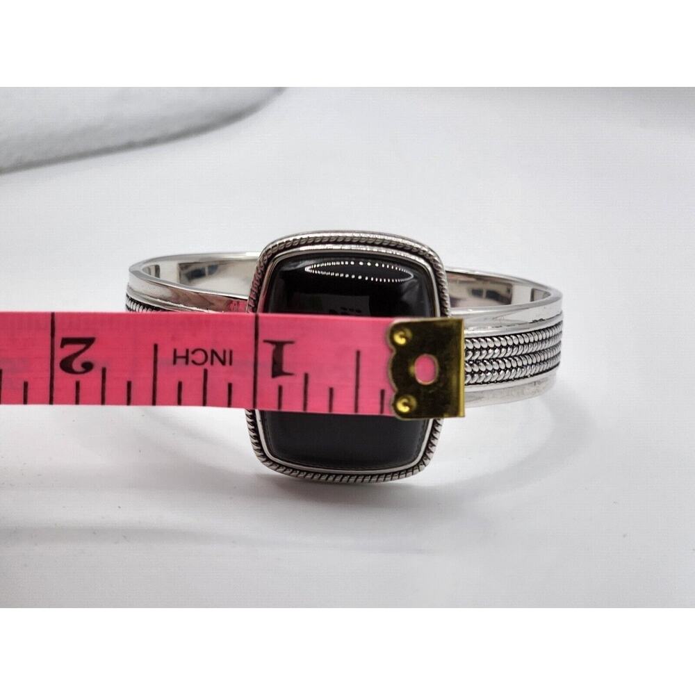 Sterling Silver, Rope-Edge, Bezel Set Black Chalcedony, Wide Cuff Bracelet 7" - Picture 8 of 11